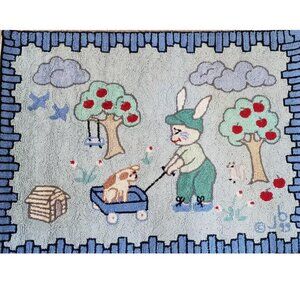 Judi‎ Boisson American Country Hand Hooked Rug Apple Tree Bunny 40 x 30 90's